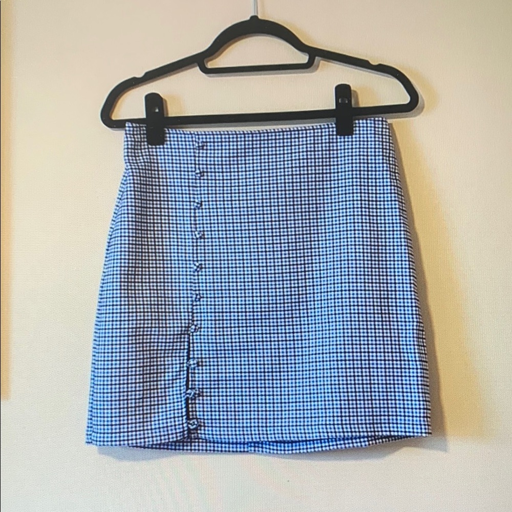 Blue and White Mini Pencil Skirt with Buttoned Detail